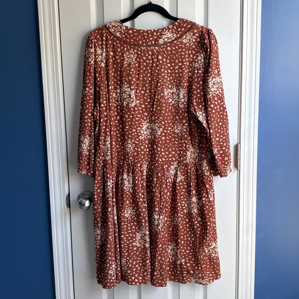 Knox Rose Floral Print Peasant Boho Mini Dress Women's Size Large Rust Cream - Picture 8 of 12